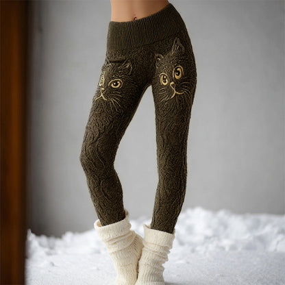 Cute Cat Face Embroidered Comfy Knit Leggings elevenforest