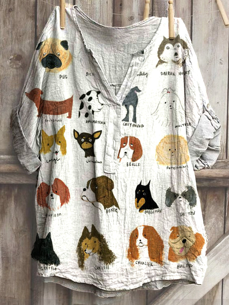 Comstylish Cute Dog Art Pattern Casual Linen Blend Shirt