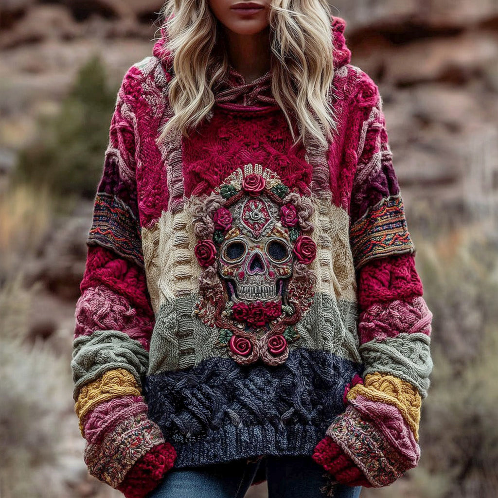 Vintage Boho Floral And Skull Inspired Colorblock Design Cozy Knit Hooded Sweater artswardrobe