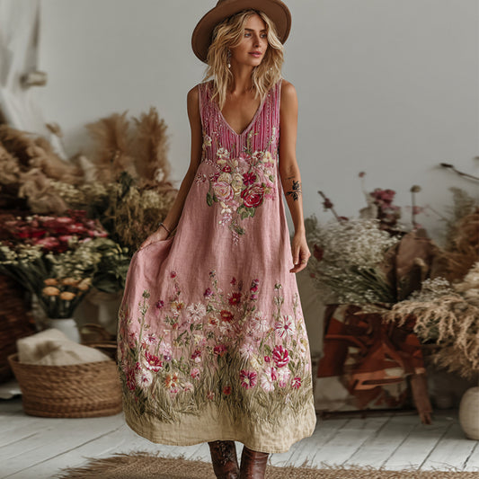 Love & Health Collection Retro Western Women Style Vintage Pink Striped And Floral Patchwork Art V Neck Linen Maxi Dress artswardrobe