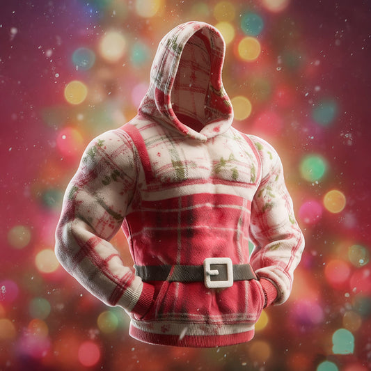 Comstylish Men's Christmas Plaid Color-blocked Plush Warm Hoodie