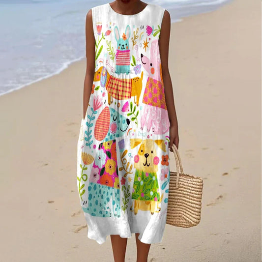 Comstylish Women's Retro Cute Dogs And Floral Art Print Sleeveless Dress