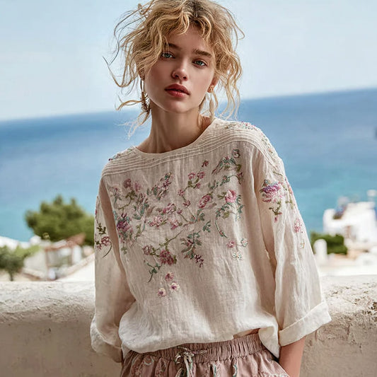 Comstylish Women's Vintage Floral Embroidery Linen Crew Neck Long Sleeve T-shirt