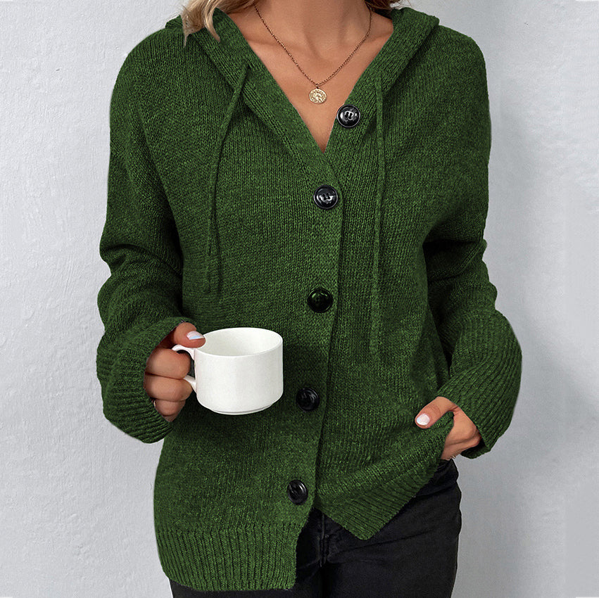 Solid Color Single Breasted Hooded Drawstring Sweater Cardigan elevenforest
