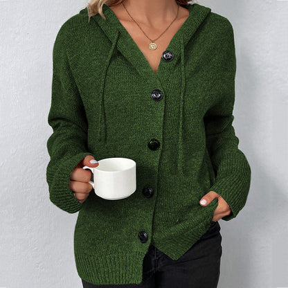 Solid Color Single Breasted Hooded Drawstring Sweater Cardigan elevenforest