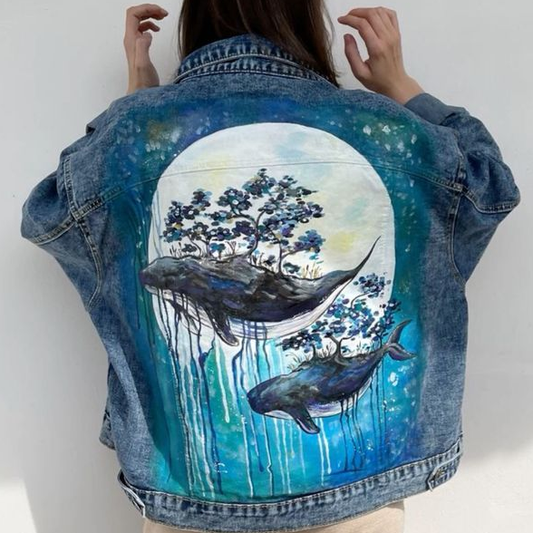Comstylish Protect The Ocean Ocean Whale Pattern Women's Denim Jacket
