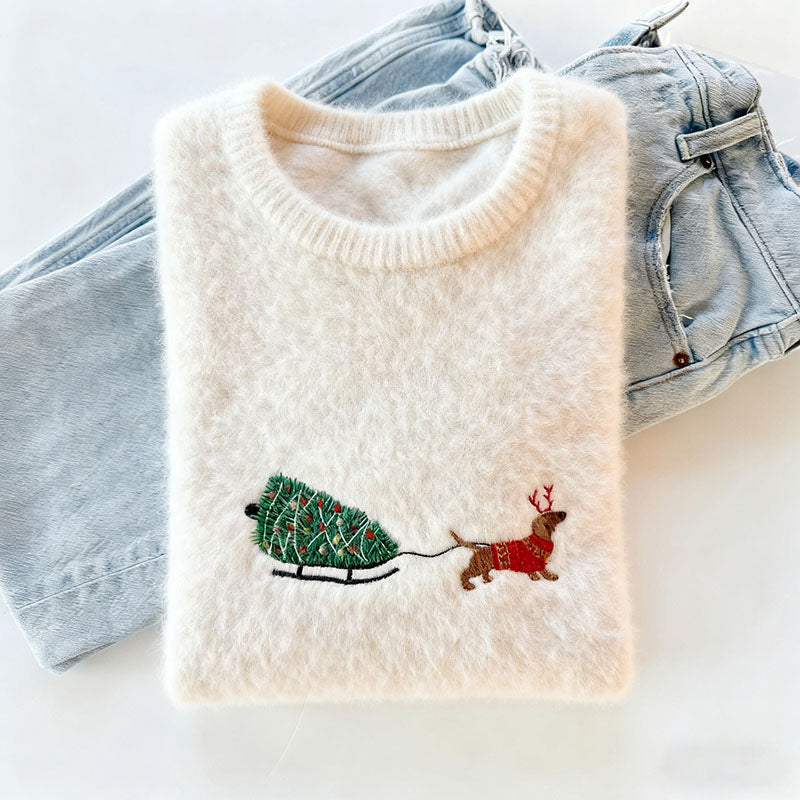 Comstylish Cute Dachshund Delivering A Christmas Tree Inspired Cozy Knit Sweater