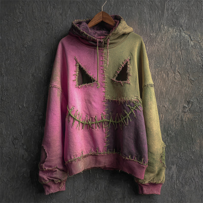 Comstylish Halloween Spooky Face Colorblock Stitched Washed Hoodie