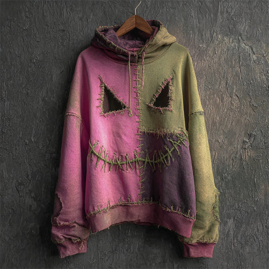 Comstylish Halloween Spooky Face Colorblock Stitched Washed Hoodie
