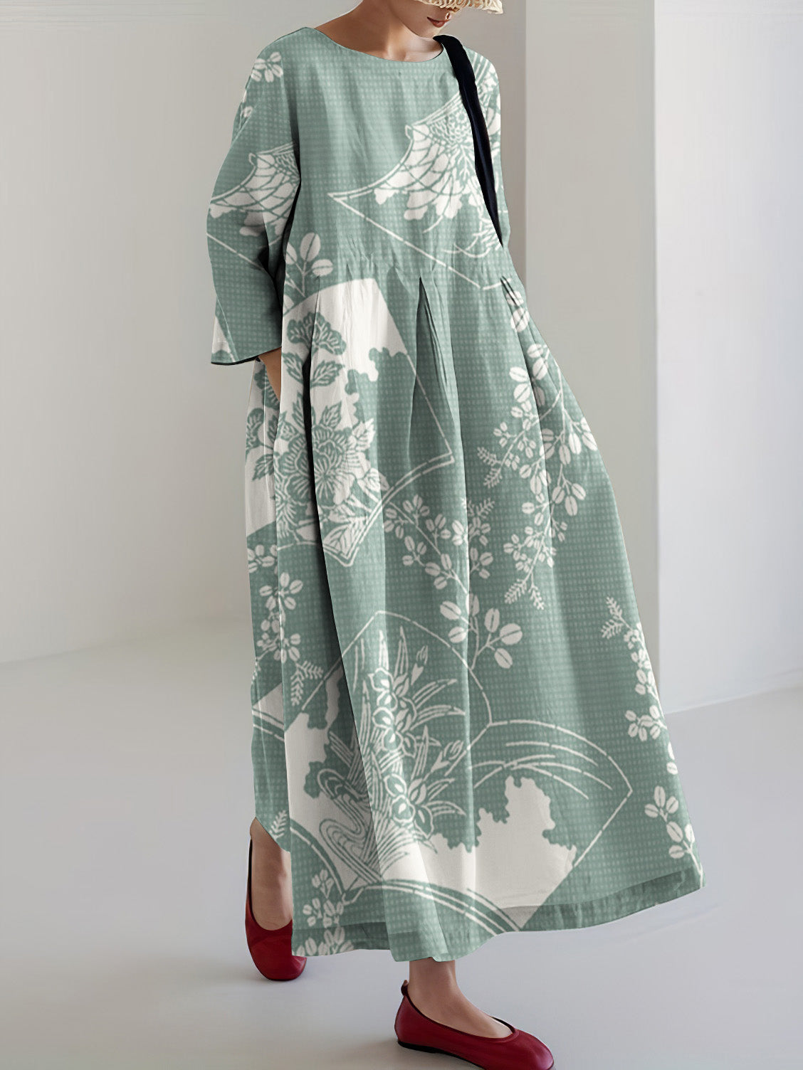 Comstylish Japanese Art Floral Print Linen Blend Loose Midi Dress