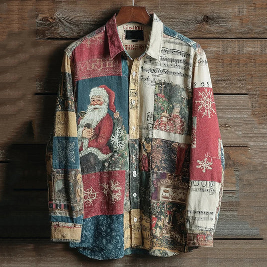 Vintage Santa Claus Christmas Carol Color Block Linen Shirt artswardrobe