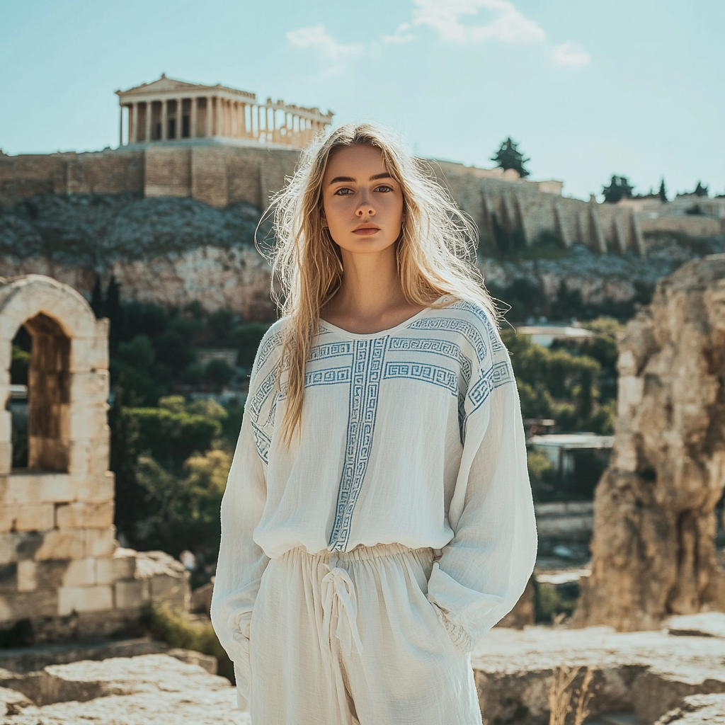 Women's Greek Key Linen Crew Neck Shirt artswardrobe