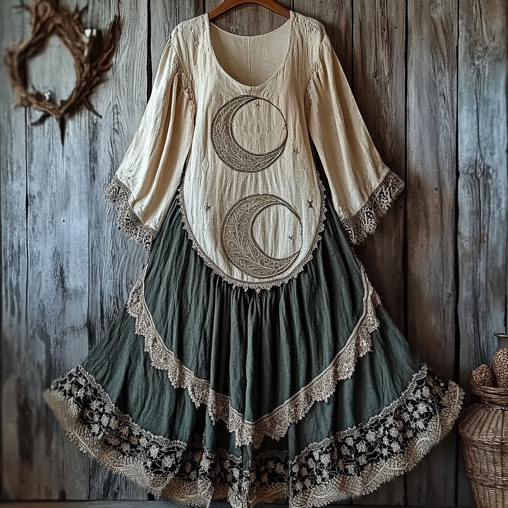 Women's Retro Tribal Star And Moon Splicing Lace Cotton And Linen Long Sleeve Dress artswardrobe