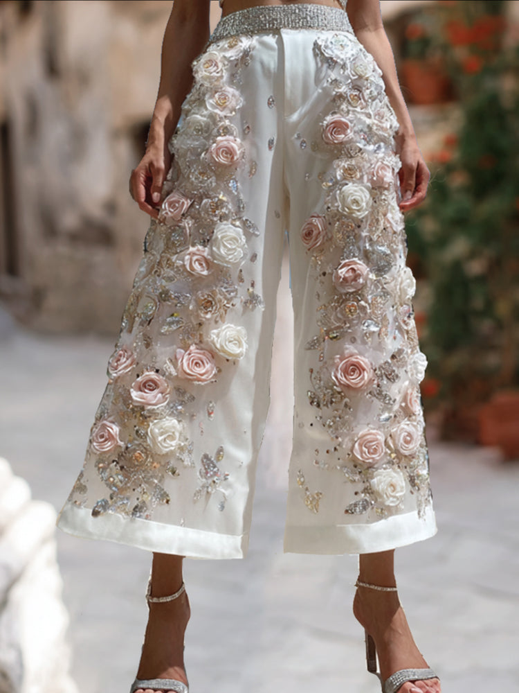 Bohemian Style Breast Cancer Three-dimensional Embroidery Sequin Casual Wide-leg Pants artswardrobe