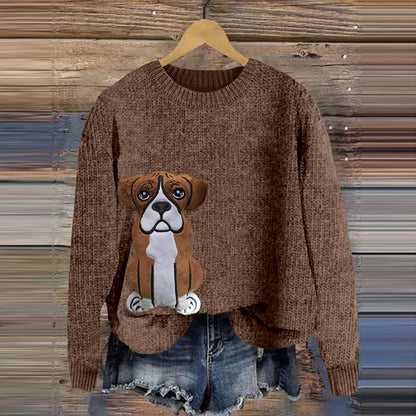 Comstylish Funny Boxer Dog Applique Art Cozy Sweater