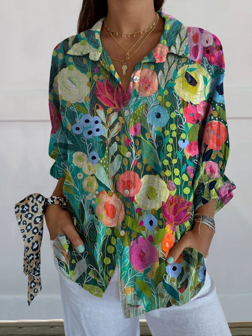 Women's  Vintage Flower Print Casual Linen V-neck Shirt