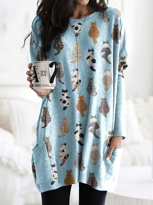 Comstylish Cute Cats Embroidery Pattern Long Sleeve T-Shirt