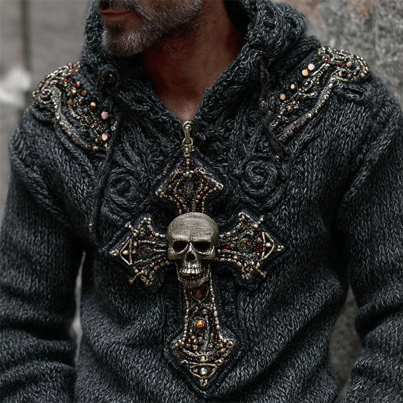 Men's Skull Cross Studded Celtic Cozy Chunky Hooded Sweater artswardrobe