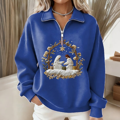 Comstylish Women's Nativity Night Print Zipper Sweatshirt