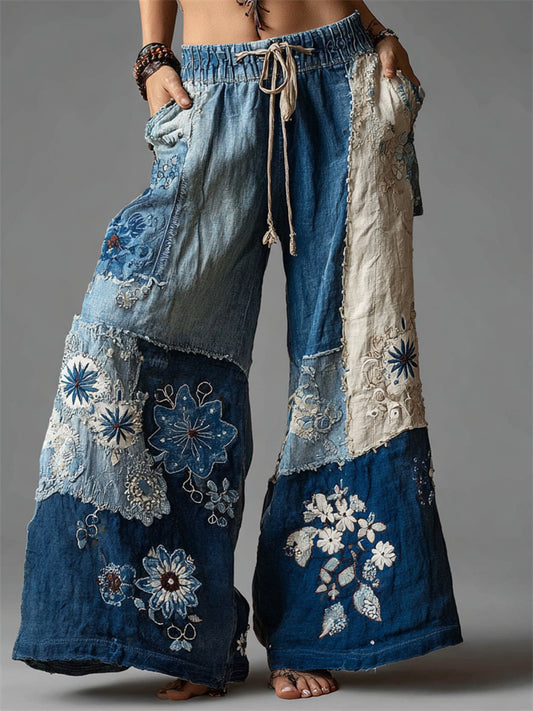 Boho Floral Lace Fiber Art Patchwork Flowy Wide Leg Pants