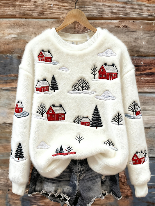 Lady Christmas Winter Warmth Round Neck Flannel Sweatshirt