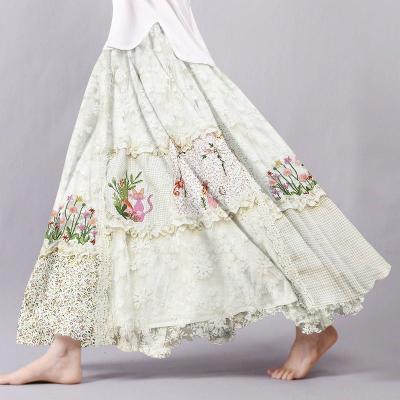 Comstylish Vintage Floral Cat Lace Patchwork Art Flowy Wide Skirt