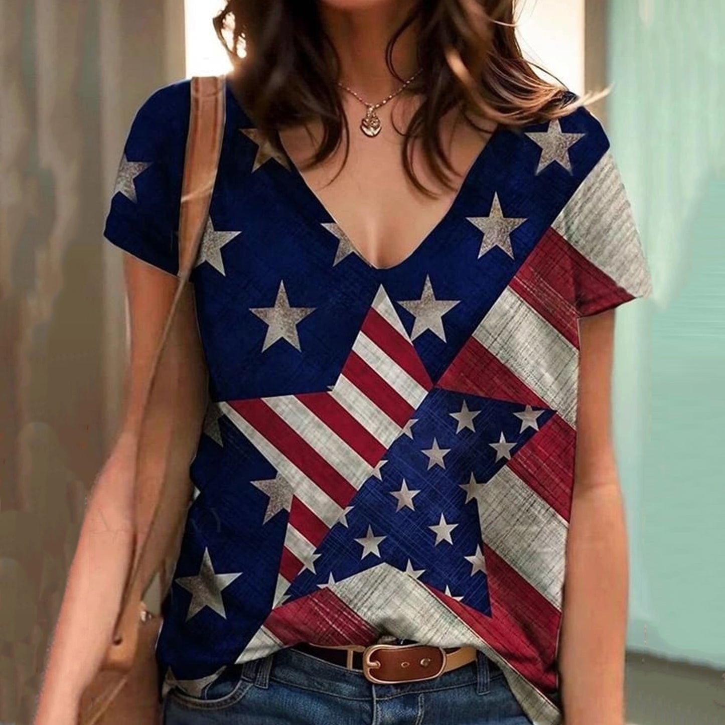 Women's Casual American Flag Stars Short Sleeve T-shirt artswardrobe