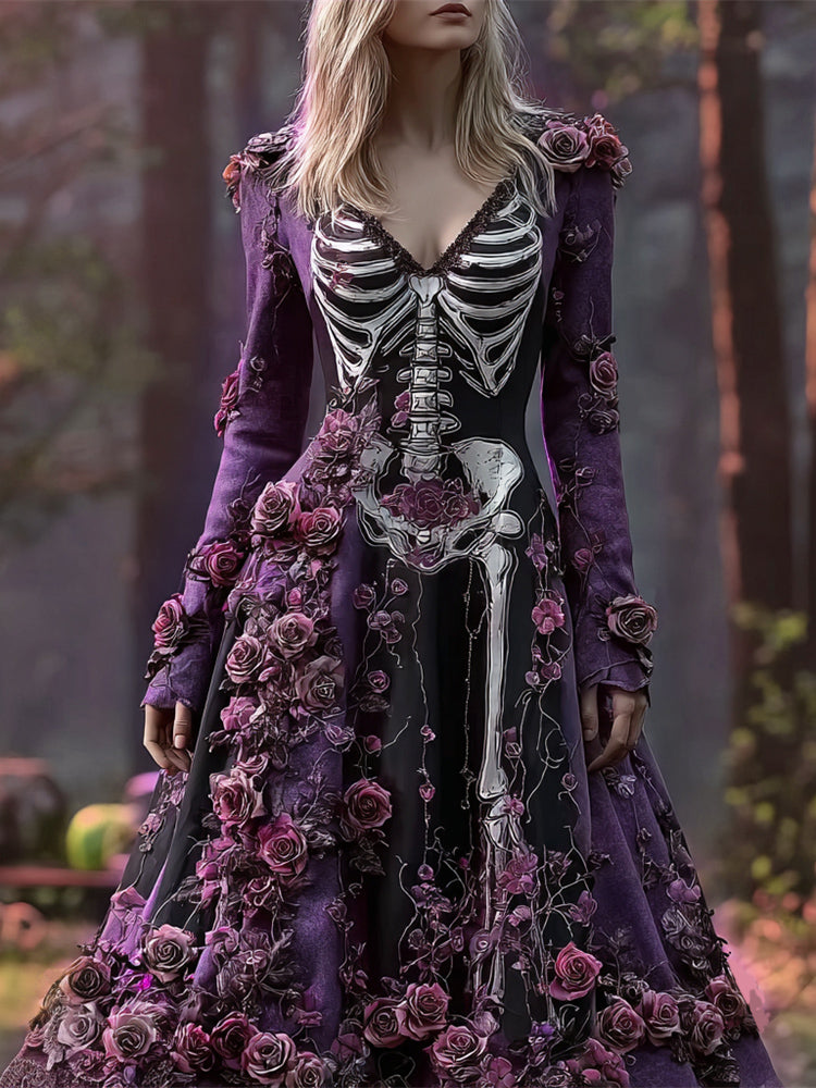 Comstylish Halloween Skeleton Floral Art Women's V-neck Long-sleeve Maxi Dress