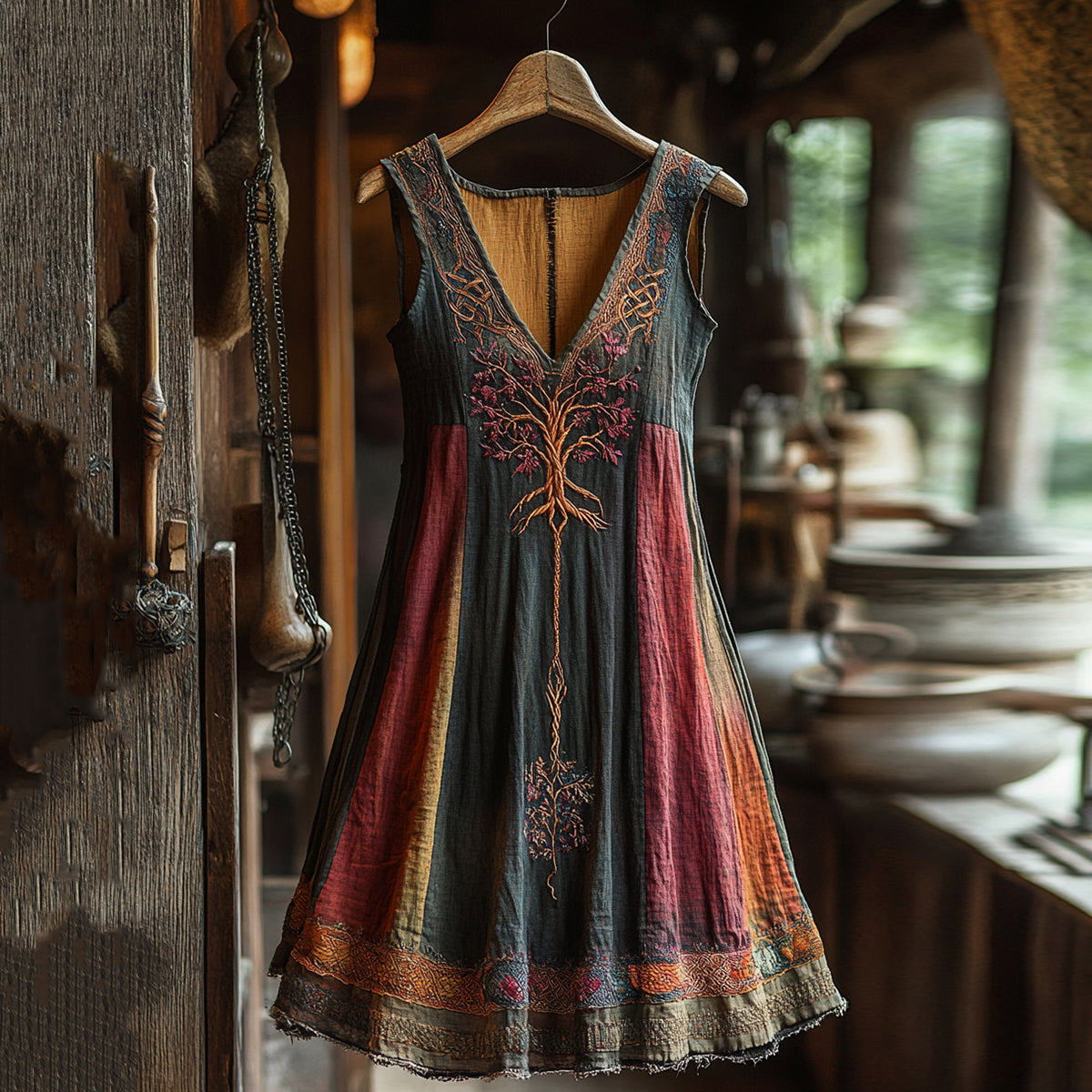 Women's Viking Celtic Knot Art Tree Of Life Contrast Linen Midi Dress artswardrobe
