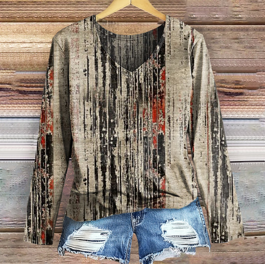 Women's Vintage Bohemian Art Print Casual V-neck Long Sleeve T-shirt