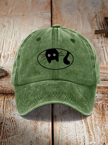 Comstylish Japanese Art Black Cat Print Washed Hat