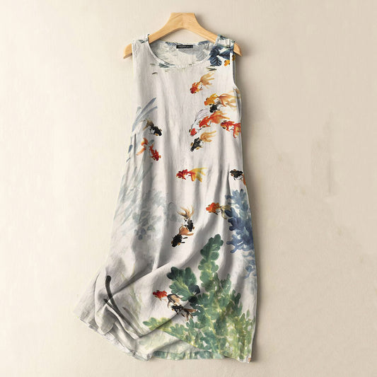 Comstylish Vintage Watercolor Fish Art Print Sleeveless Cotton And Linen Midi Dress