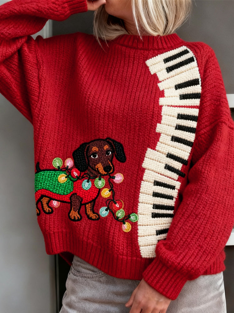 Comstylish Christmas Dachshund Embroidered Piano Keys Knit Sweater