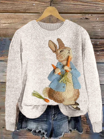 Cute Bunny Embroidery Art Cozy Knit Sweater artswardrobe