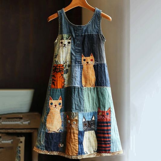 Comstylish Casual Pop Art Patchwork Denim Cat Dress