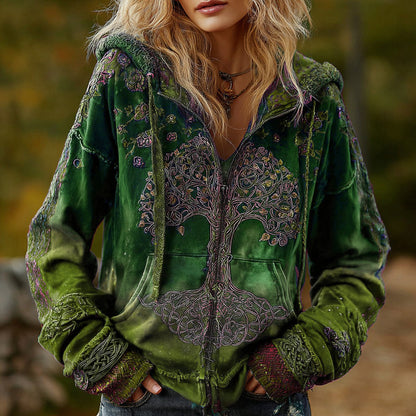 Comstylish Women's Vintage Viking Tree Of Life Cozy Warm Zip Hoodie Cardigan