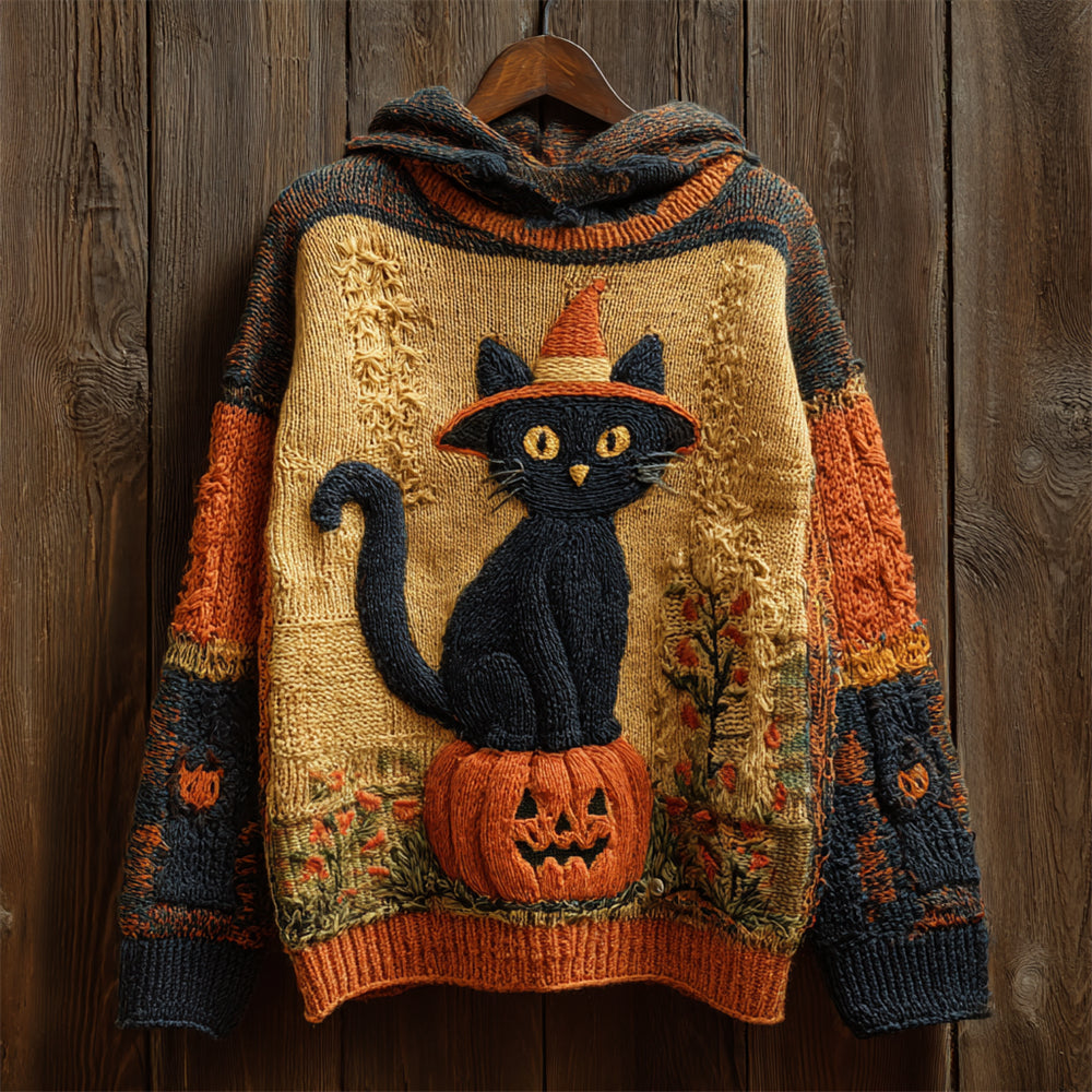 Comstylish Halloween Black Cat With Hat & Pumpkin Art Women's Knit Hooded Sweater