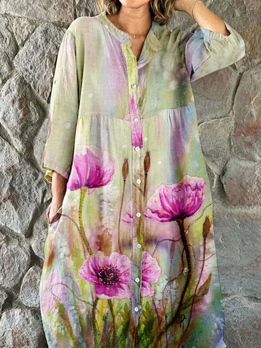 Women's Elegant Vintage Poppy Floral Shirt Style Cotton and Linen Dres