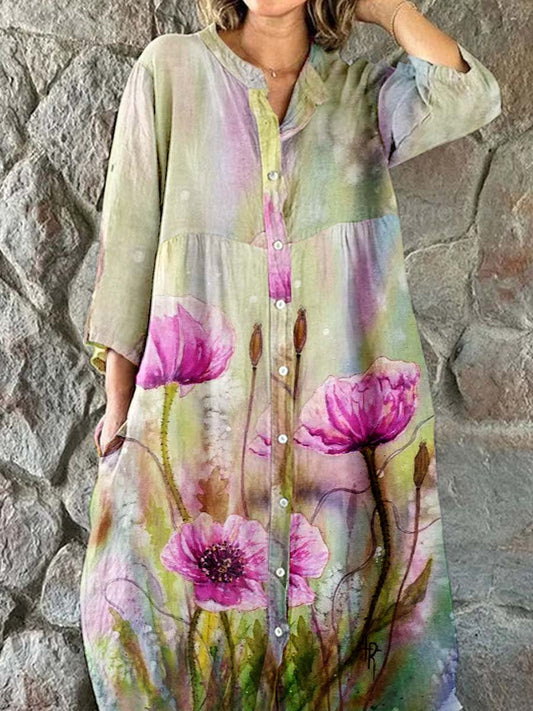 Women's Elegant Vintage Poppy Floral Shirt Style Cotton and Linen Dres