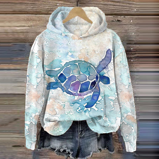 Comstylish Turtle Print Long Sleeve Hoodie