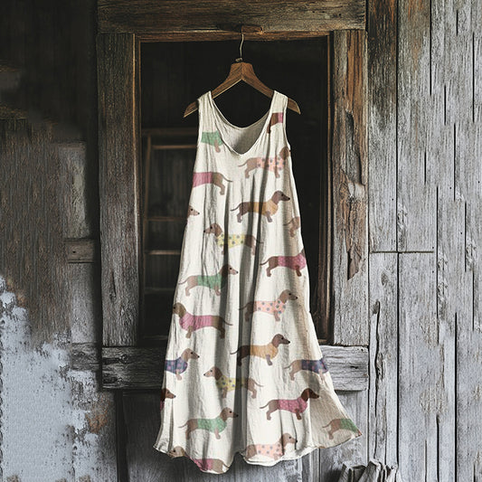 Comstylish Women's Vintage Dachshund Casual Linen And Cotton Midi Dress