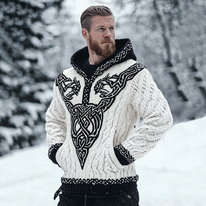 Men's Viking Celtic Contrast Cozy Chunky Hooded Sweater elevenforest