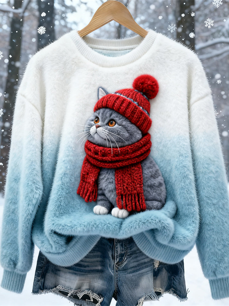Comstylish Christmas Scarf Cat Art Women's Soft Plush Sweater