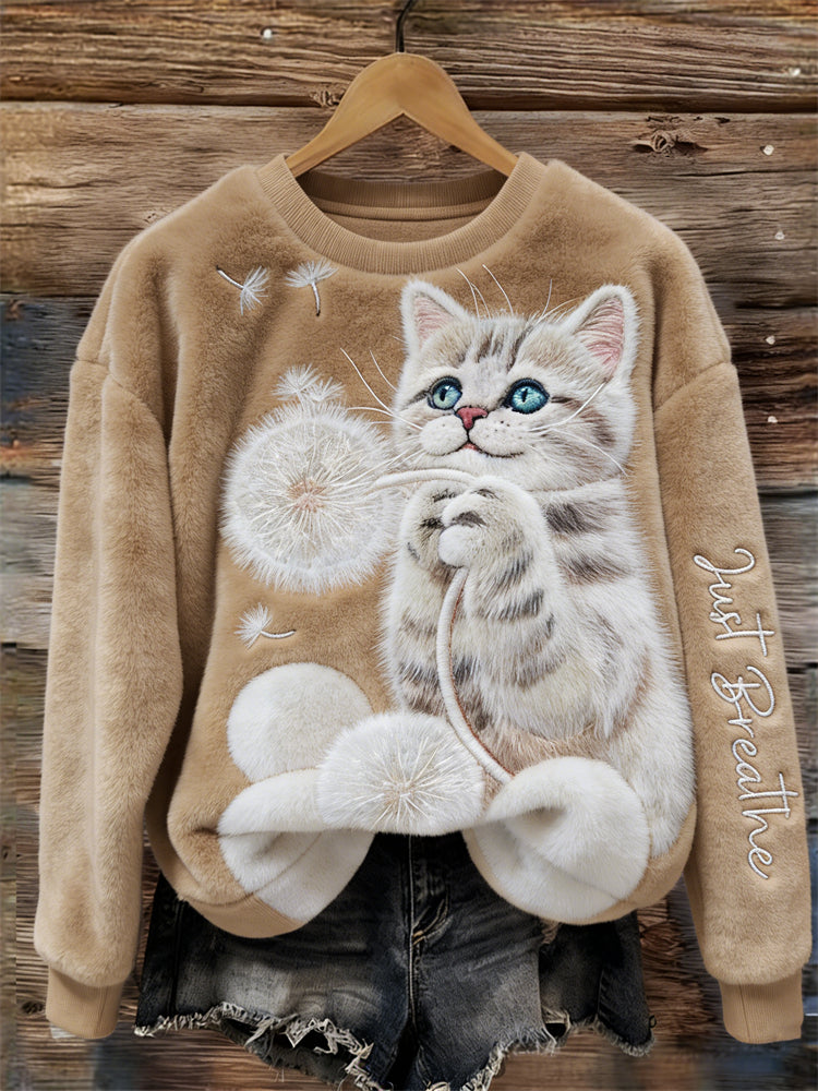 Comstylish Just Breathe Fuzzy Cat & Dandelion Cozy Plush Sweatshirt