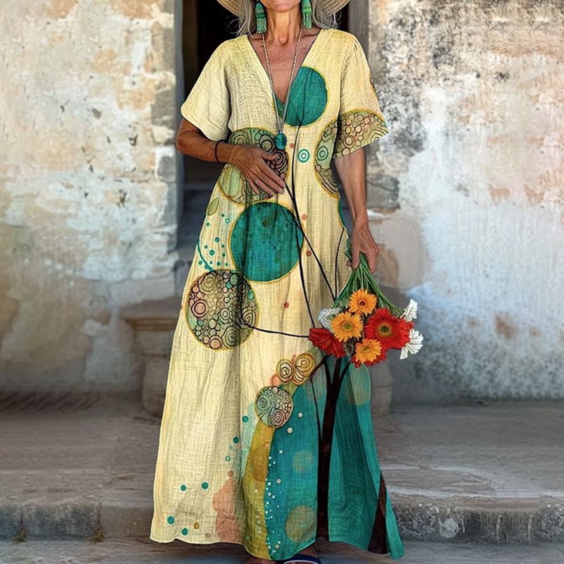 Vintage Floral Art Pattern Painting V-neck Dress artswardrobe