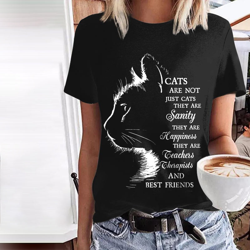 Cat Print Round Neck Short Sleeve Casual T-Shirt elevenforest