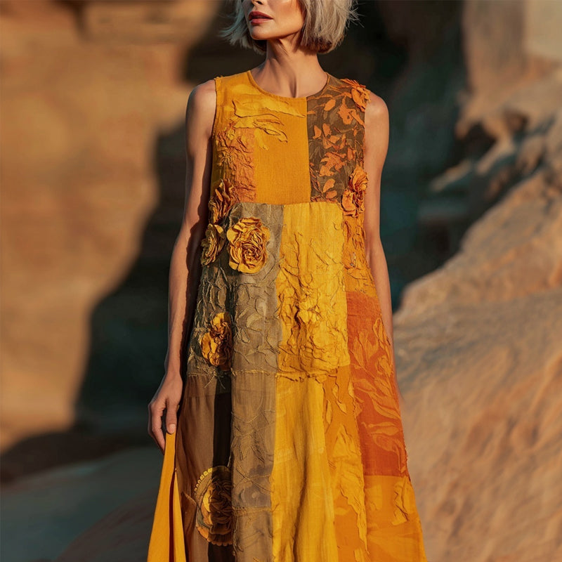 Turmeric Roses Embroidered Patchwork Linen Midi Dress artswardrobe