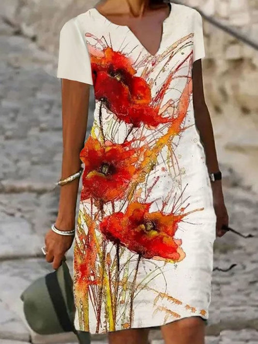 Notched Cotton Casual Floral Printed Dress