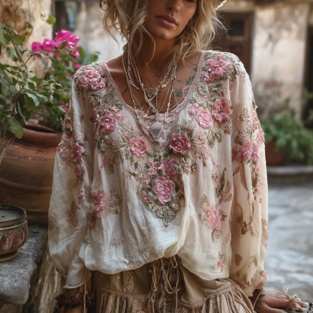 Comstylish Women's Bohemian Style Three-dimensional Pink Embroidered Floral Vintage Round Neck Long-sleeved Top