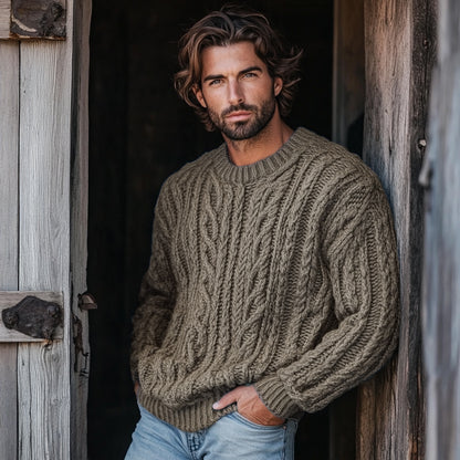 Men'S Burlap Jacquard Crew Neck Aran Sweater artswardrobe